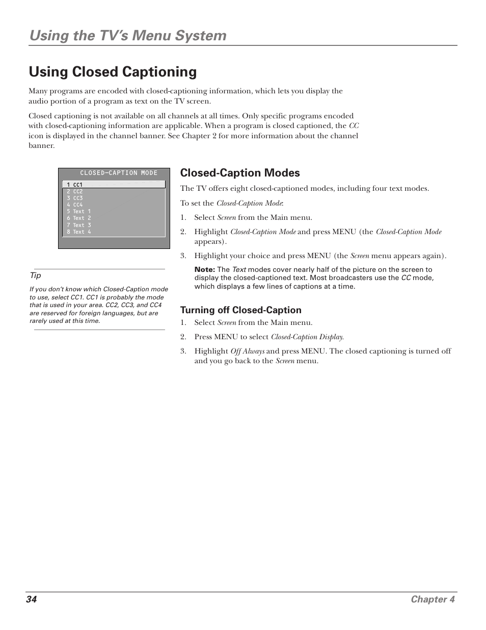 Using the tv’s menu system using closed captioning, Closed-caption modes | RCA F25339 User Manual | Page 36 / 48