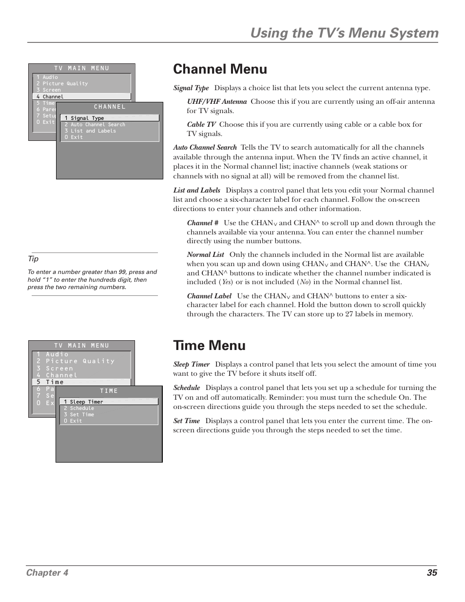 Using the tv’s menu system, Channel menu, Time menu | Chapter 4 35 | RCA F25339 User Manual | Page 37 / 48