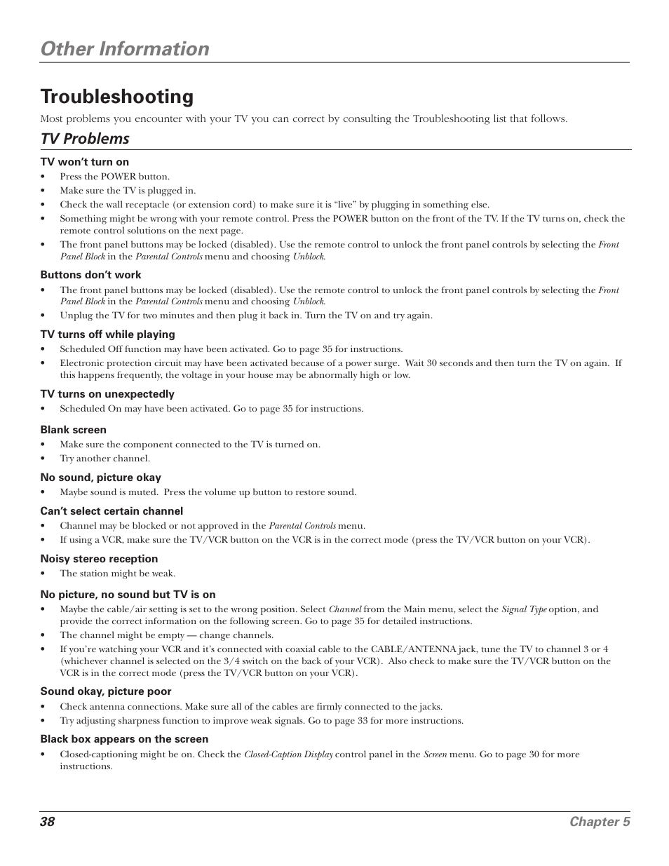 Other information, Troubleshooting, Tv problems | 38 chapter 5 | RCA F25339 User Manual | Page 40 / 48