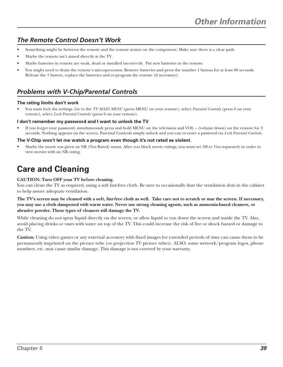 Other information, Care and cleaning, The remote control doesn’t work | Problems with v-chip/parental controls | RCA F25339 User Manual | Page 41 / 48