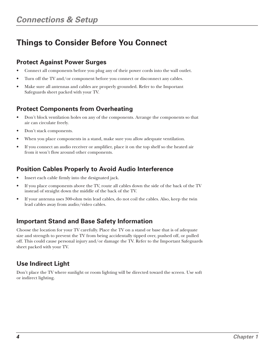 Protect against power surges, Protect components from overheating, Important stand and base safety information | Use indirect light | RCA F25339 User Manual | Page 6 / 48