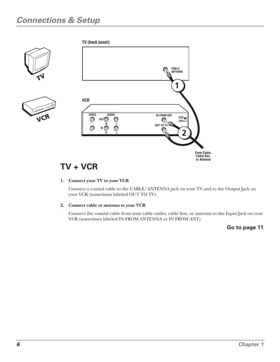 Connections & setup, 21 tv + vcr, Tv vcr | 6chapter 1 | RCA F25339 User Manual | Page 8 / 48