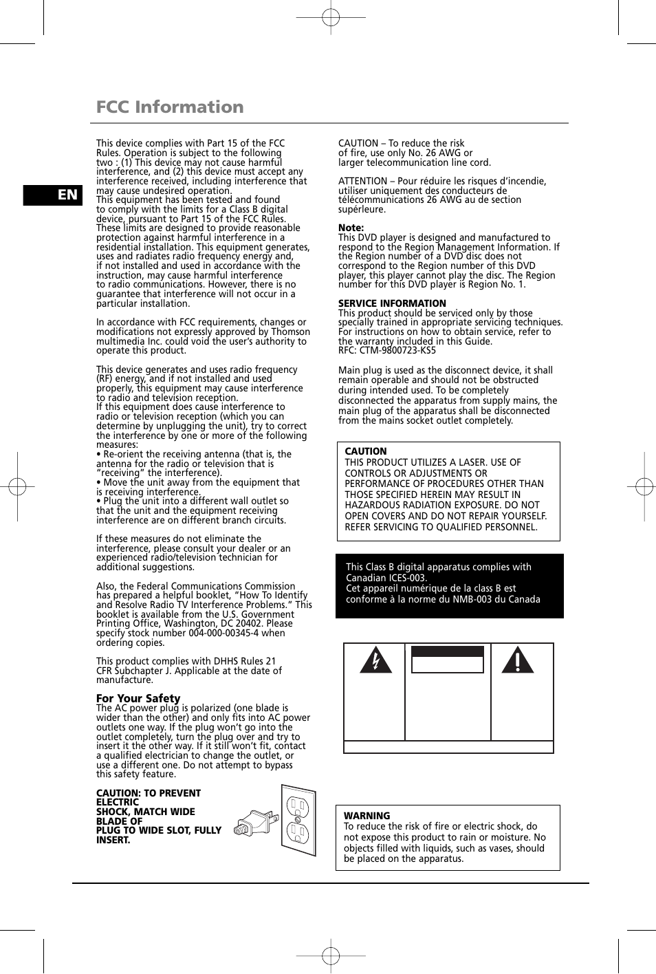 Fcc information | RCA RTD260 User Manual | Page 2 / 38