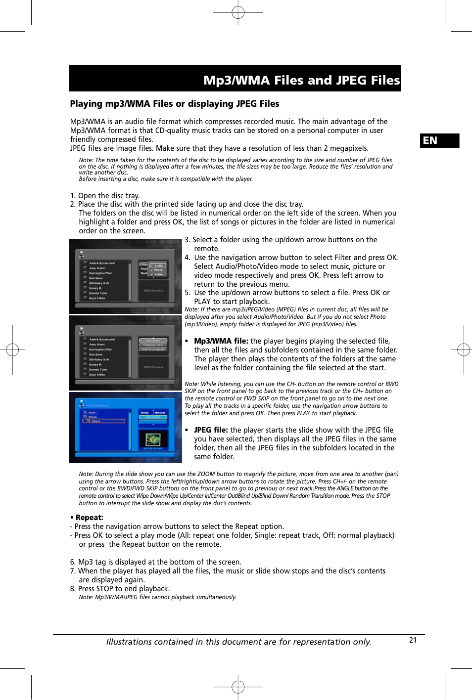 Mp3/wma files and jpeg files | RCA RTD260 User Manual | Page 23 / 38