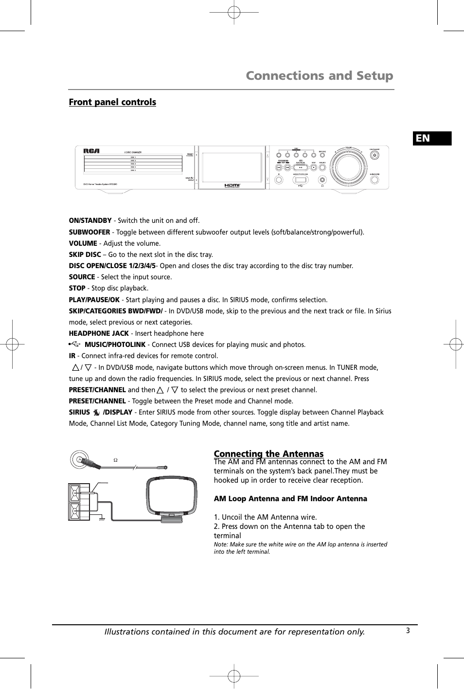 Connections and setup, Front panel controls, Connecting the antennas | RCA RTD260 User Manual | Page 5 / 38