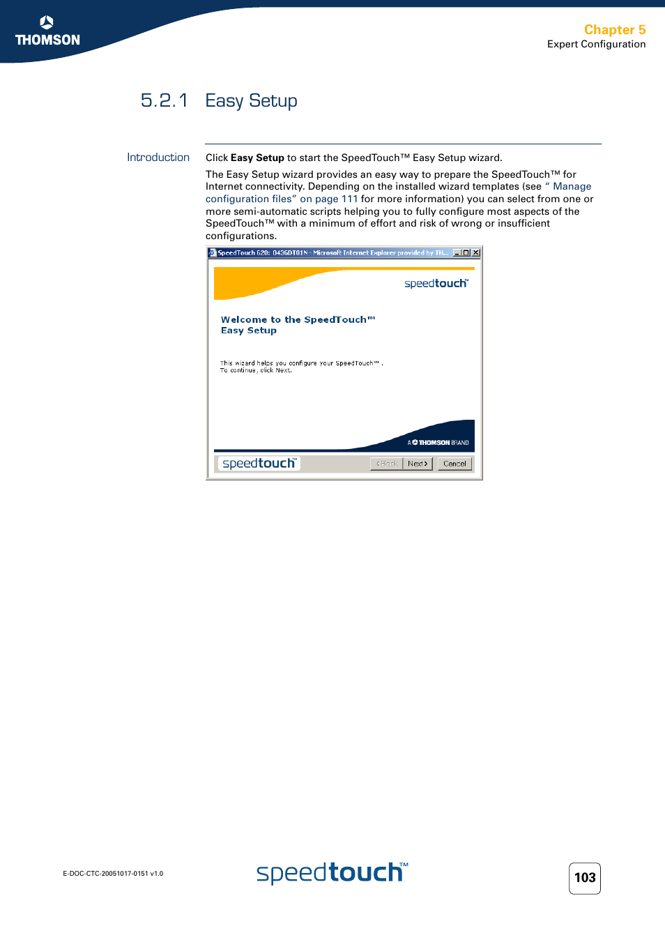 1 easy setup, Introduction, Easy setup | Chapter 5 | RCA 605 User Manual | Page 113 / 208