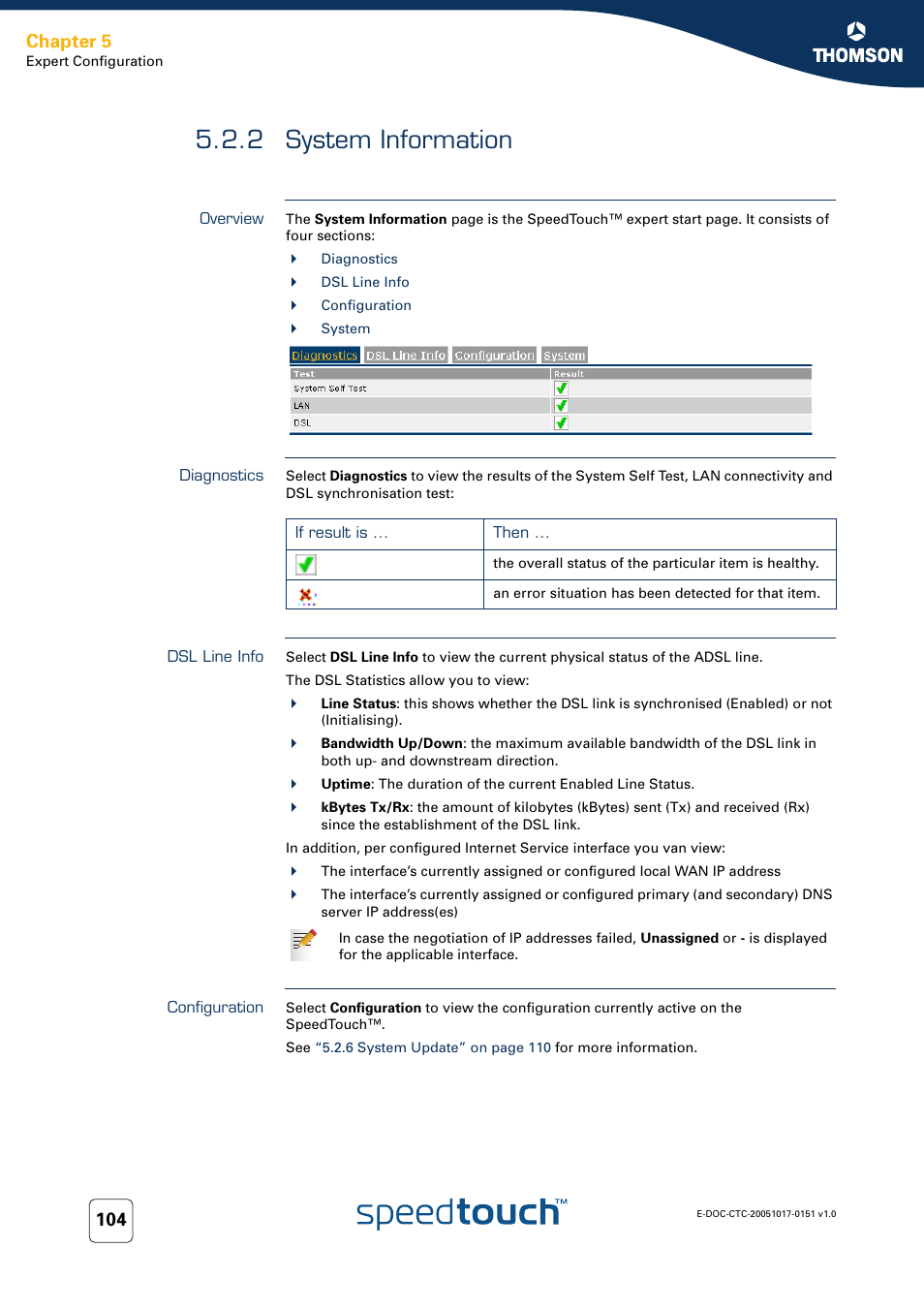 2 system information, Overview, Diagnostics | Dsl line info, Configuration, System information, Chapter 5 | RCA 605 User Manual | Page 114 / 208