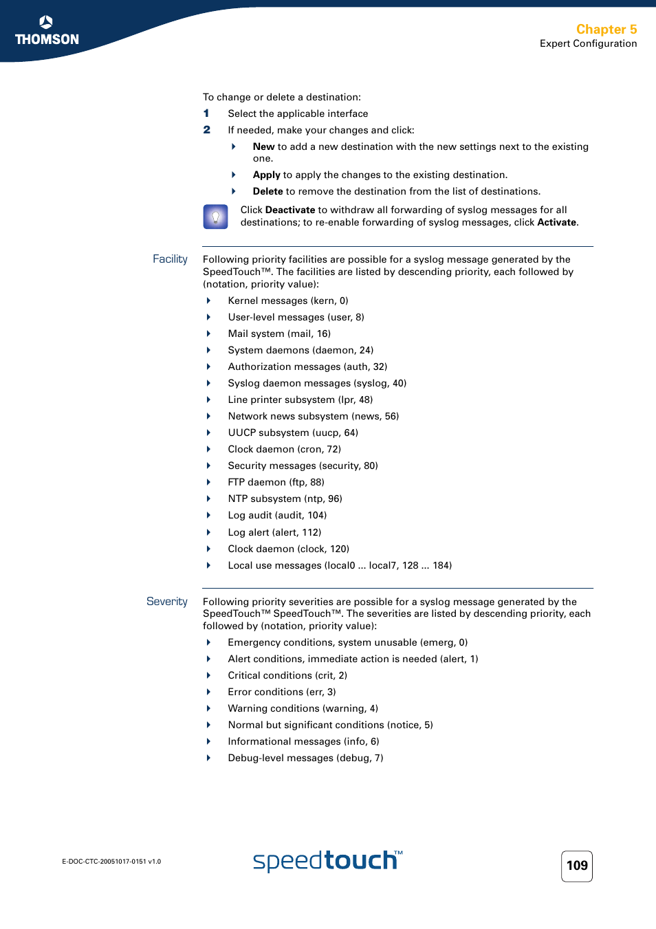 Facility, Severity, Select the | Of yo, Chapter 5 | RCA 605 User Manual | Page 119 / 208