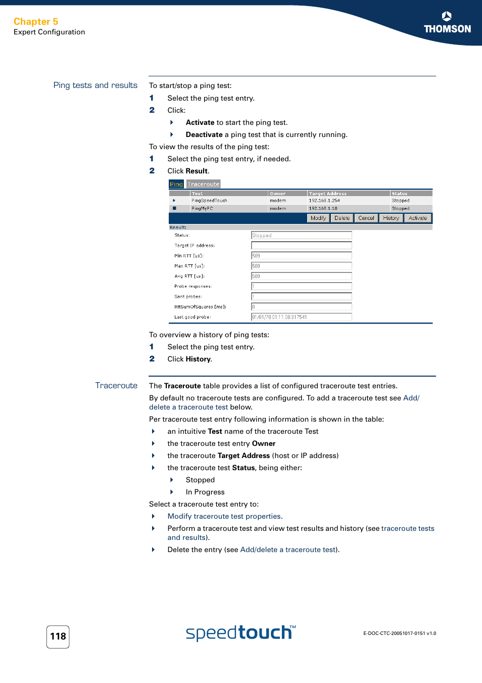 Ping tests and results, Traceroute, Select | Ping tests and, Results, Chapter 5 | RCA 605 User Manual | Page 128 / 208