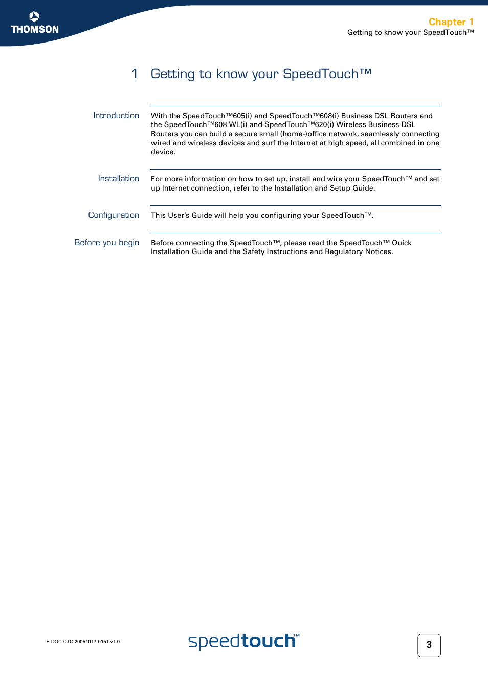 1 getting to know your speedtouch, Introduction, Installation | Configuration, Before you begin, Getting to know your speedtouch, Chapter 1 | RCA 605 User Manual | Page 13 / 208