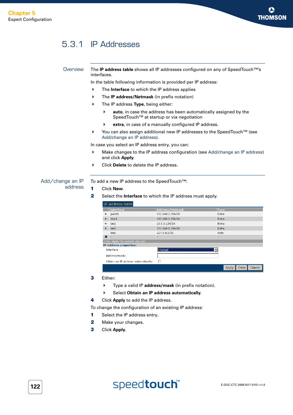 1 ip addresses, Overview, Add/change an ip address | Ip addresses, Chapter 5 | RCA 605 User Manual | Page 132 / 208