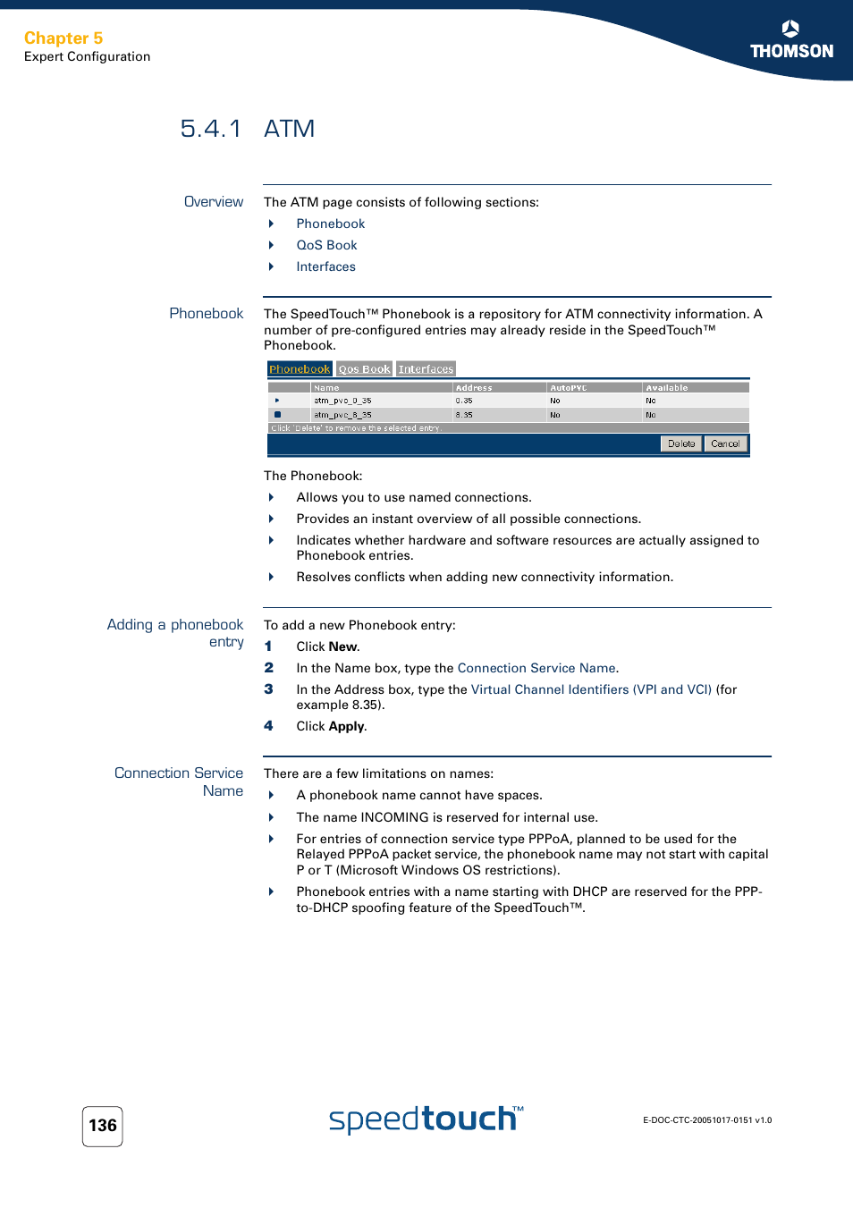 1 atm, Overview, Phonebook | Adding a phonebook entry, Connection service name, Chapter 5 | RCA 605 User Manual | Page 146 / 208