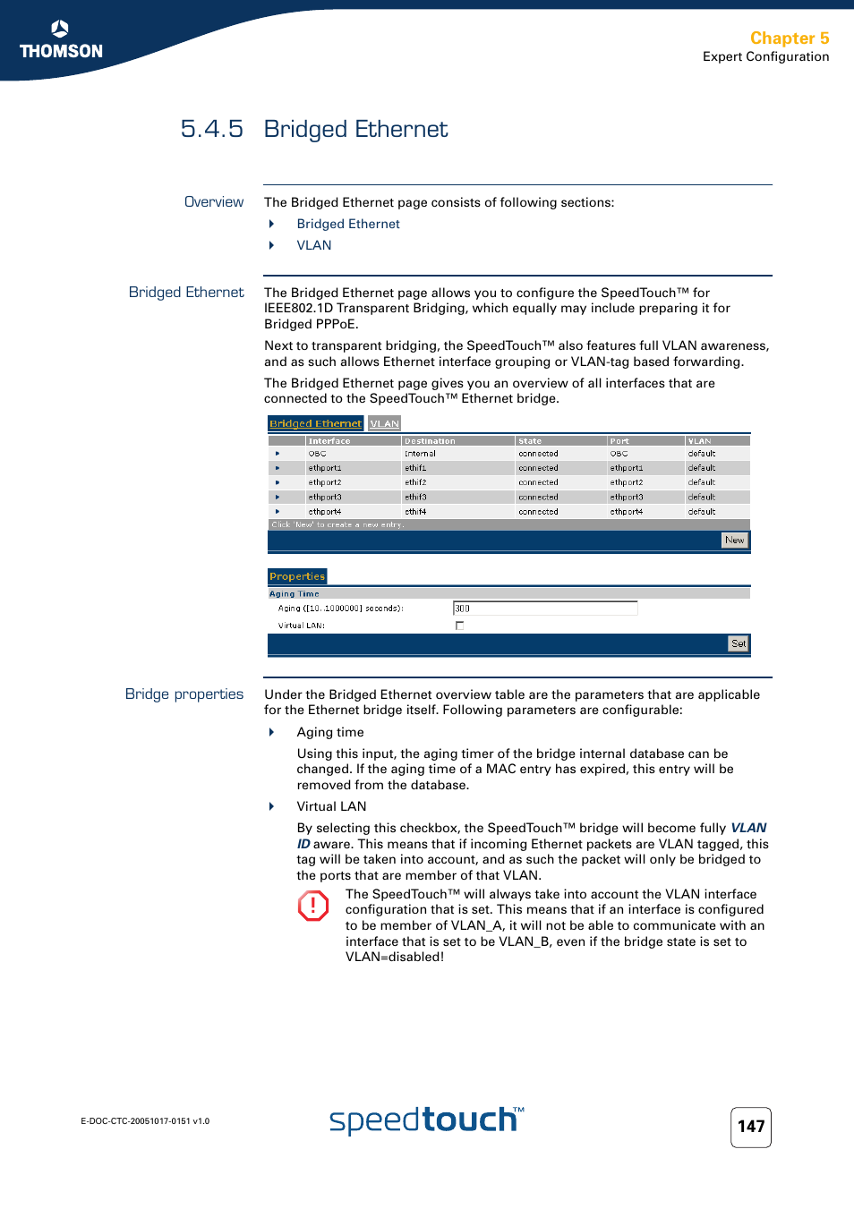 5 bridged ethernet, Overview, Bridged ethernet | Bridge properties, Chapter 5 | RCA 605 User Manual | Page 157 / 208