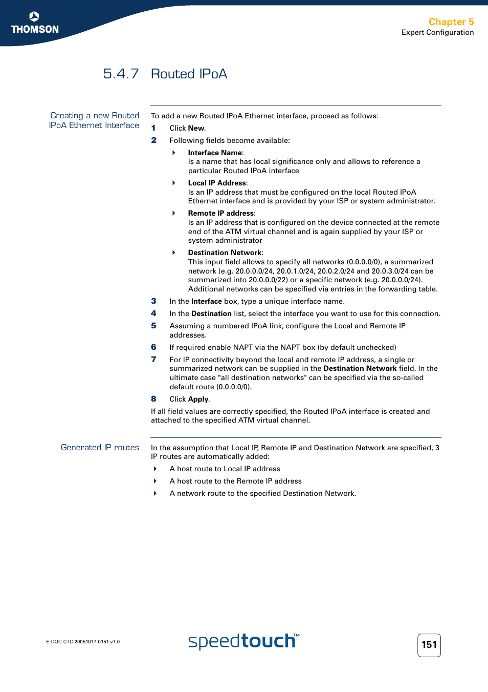 7 routed ipoa, Creating a new routed ipoa ethernet interface, Generated ip routes | Routed ipoa, Chapter 5 | RCA 605 User Manual | Page 161 / 208