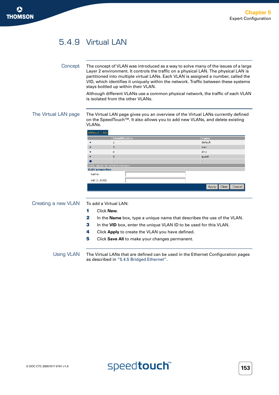 9 virtual lan, Concept, Creating a new vlan | Using vlan, Virtual lan, Chapter 5 | RCA 605 User Manual | Page 163 / 208