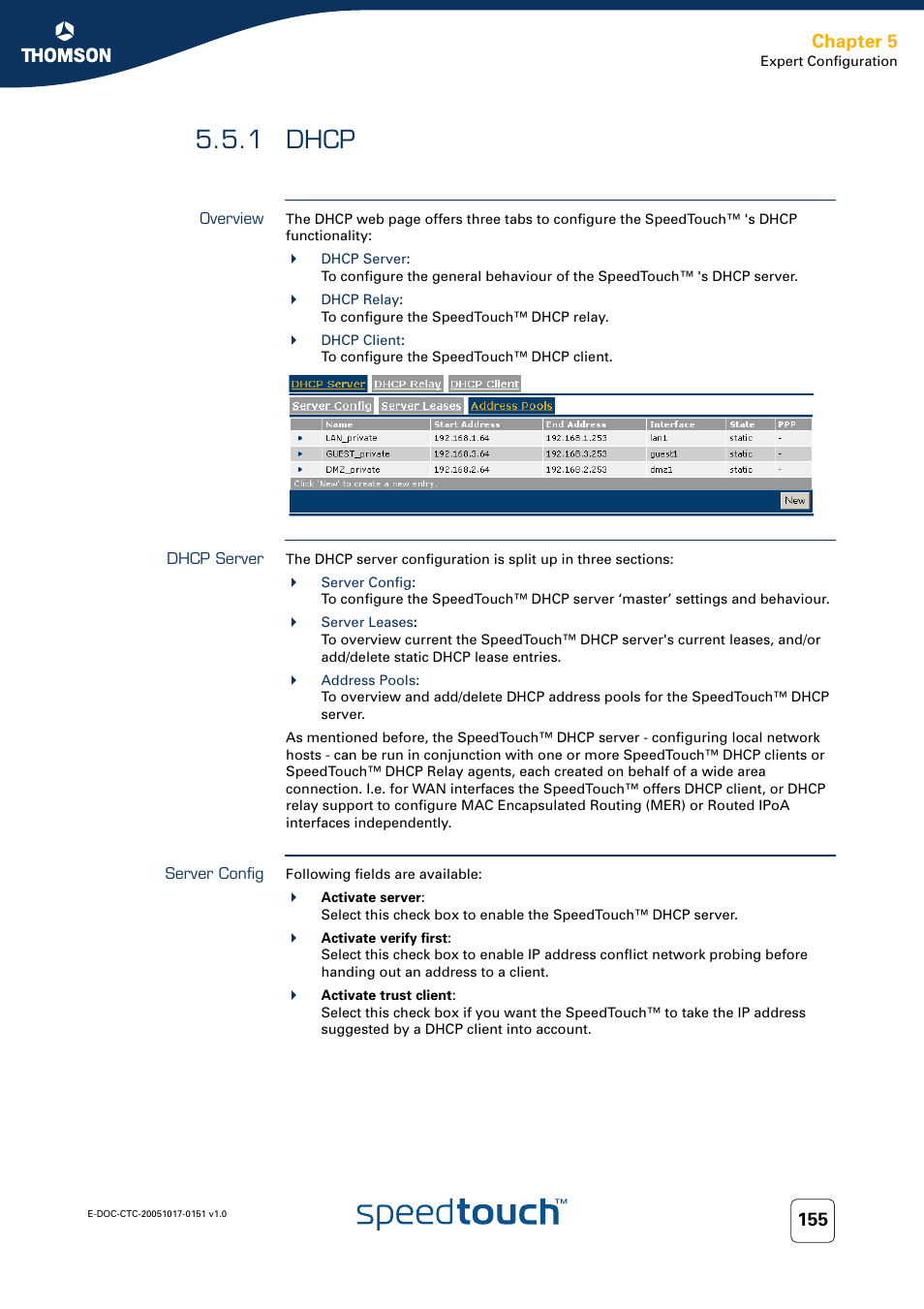 1 dhcp, Overview, Dhcp server | Server config, Dhcp, Chapter 5 | RCA 605 User Manual | Page 165 / 208
