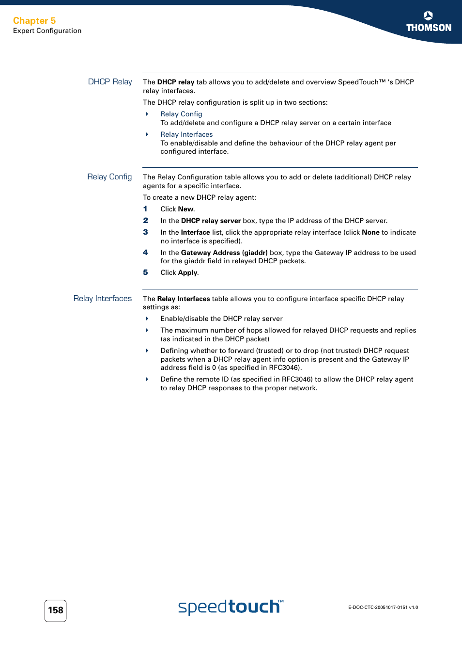 Dhcp relay, Relay config, Relay interfaces | Chapter 5 | RCA 605 User Manual | Page 168 / 208