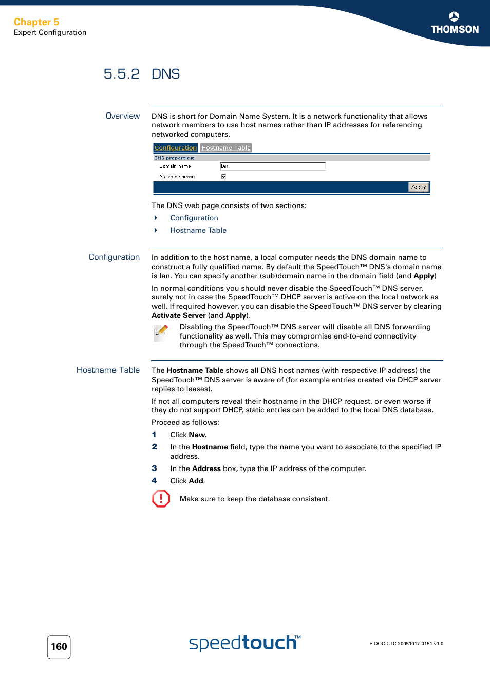 2 dns, Overview, Configuration | Hostname table, Chapter 5 | RCA 605 User Manual | Page 170 / 208