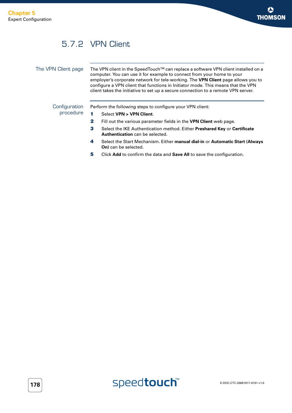 2 vpn client, Configuration procedure, Vpn client | Chapter 5 | RCA 605 User Manual | Page 188 / 208