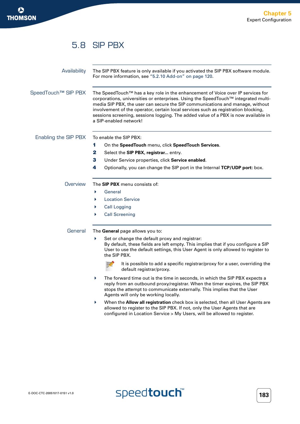 8 sip pbx, Availability, Speedtouch™ sip pbx | Enabling the sip pbx, Overview, General, Sip pbx, Chapter 5 | RCA 605 User Manual | Page 193 / 208