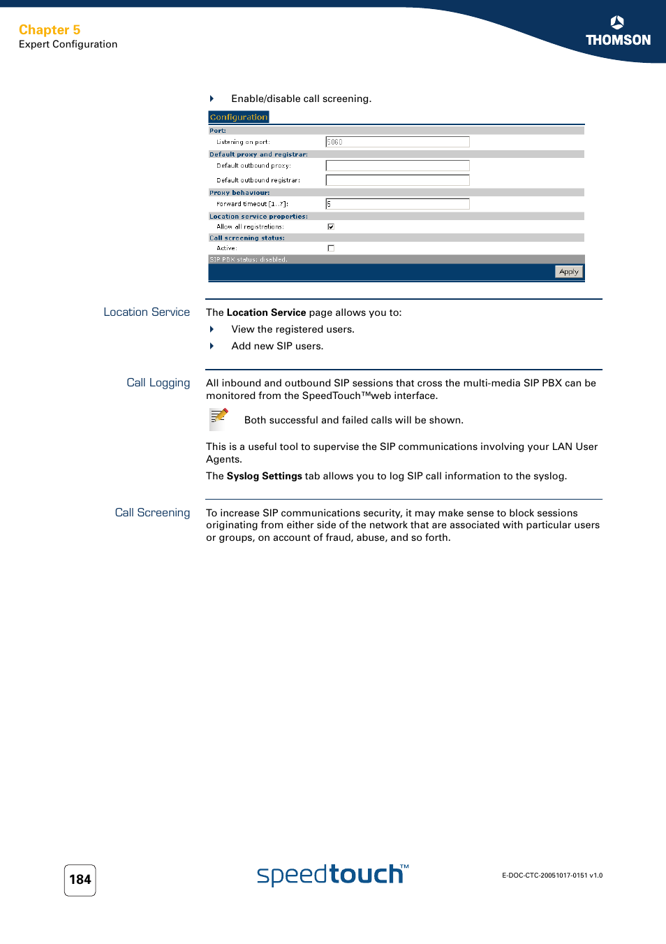 Location service, Call logging, Call screening | Chapter 5 | RCA 605 User Manual | Page 194 / 208