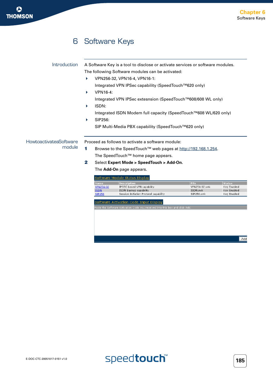 6 software keys, Introduction, How to activate a software module | Software keys, Chapter 6 | RCA 605 User Manual | Page 195 / 208