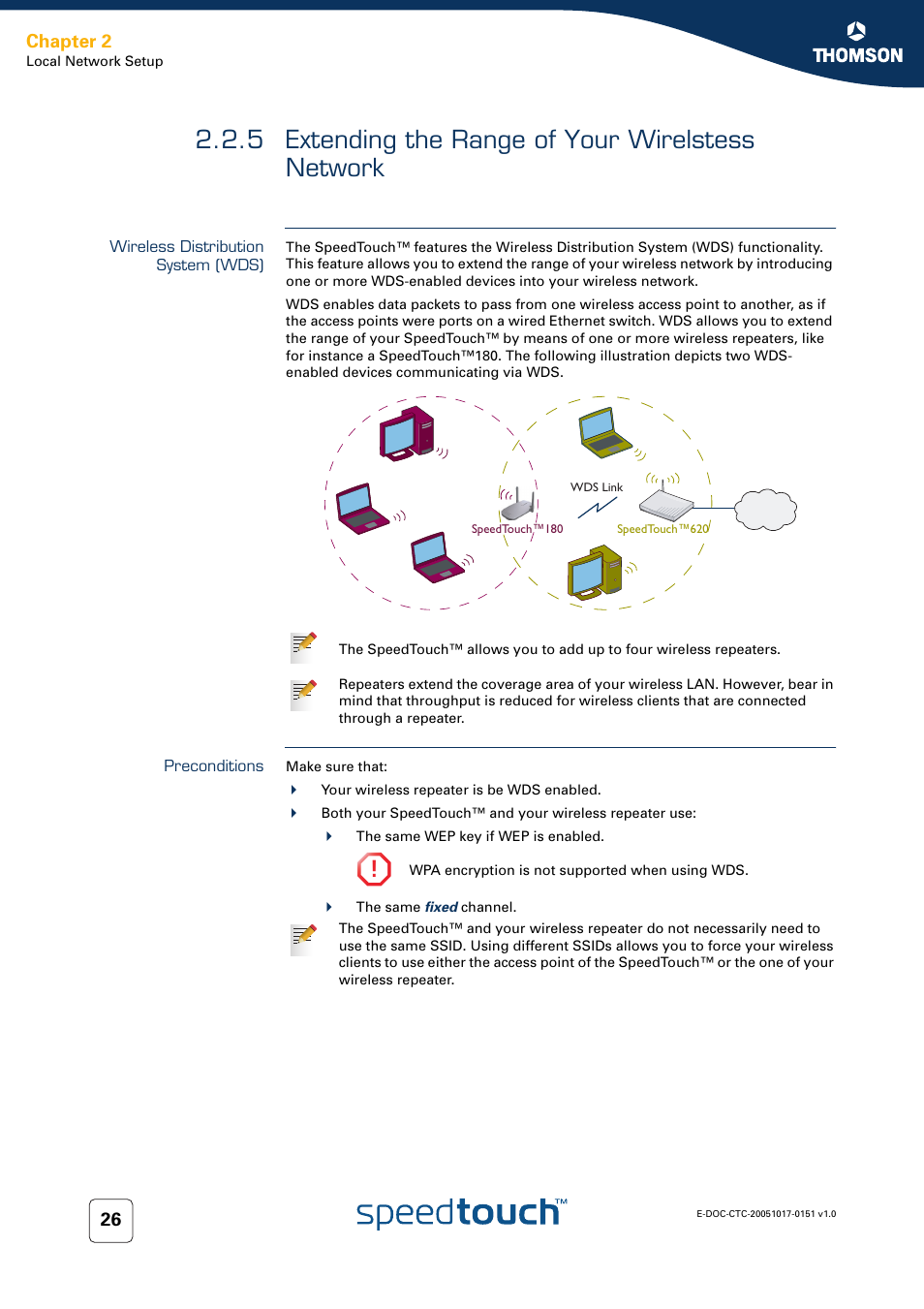 5 extending the range of your wirelstess network, Wireless distribution system (wds), Preconditions | Extending the range of your wirelstess network, Chapter 2 | RCA 605 User Manual | Page 36 / 208