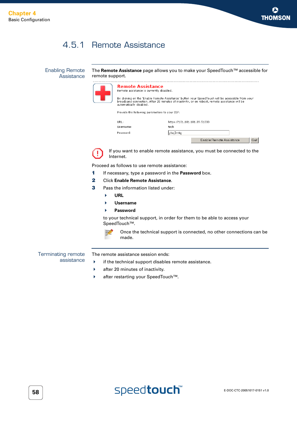 1 remote assistance, Enabling remote assistance, Terminating remote assistance | Remote assistance, Chapter 4 | RCA 605 User Manual | Page 68 / 208