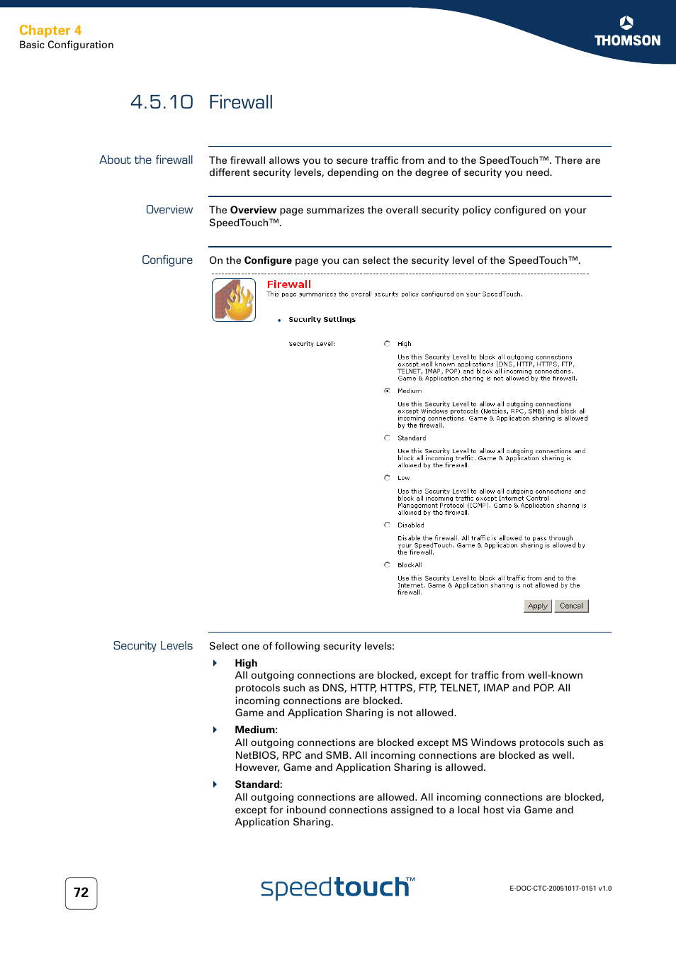 10 firewall, About the firewall, Overview | Configure, Security levels, Firewall, Chapter 4 | RCA 605 User Manual | Page 82 / 208