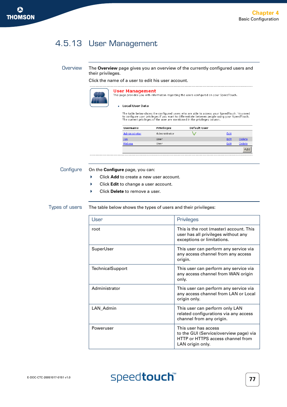 13 user management, Overview, Configure | Types of users, User management, Chapter 4 | RCA 605 User Manual | Page 87 / 208