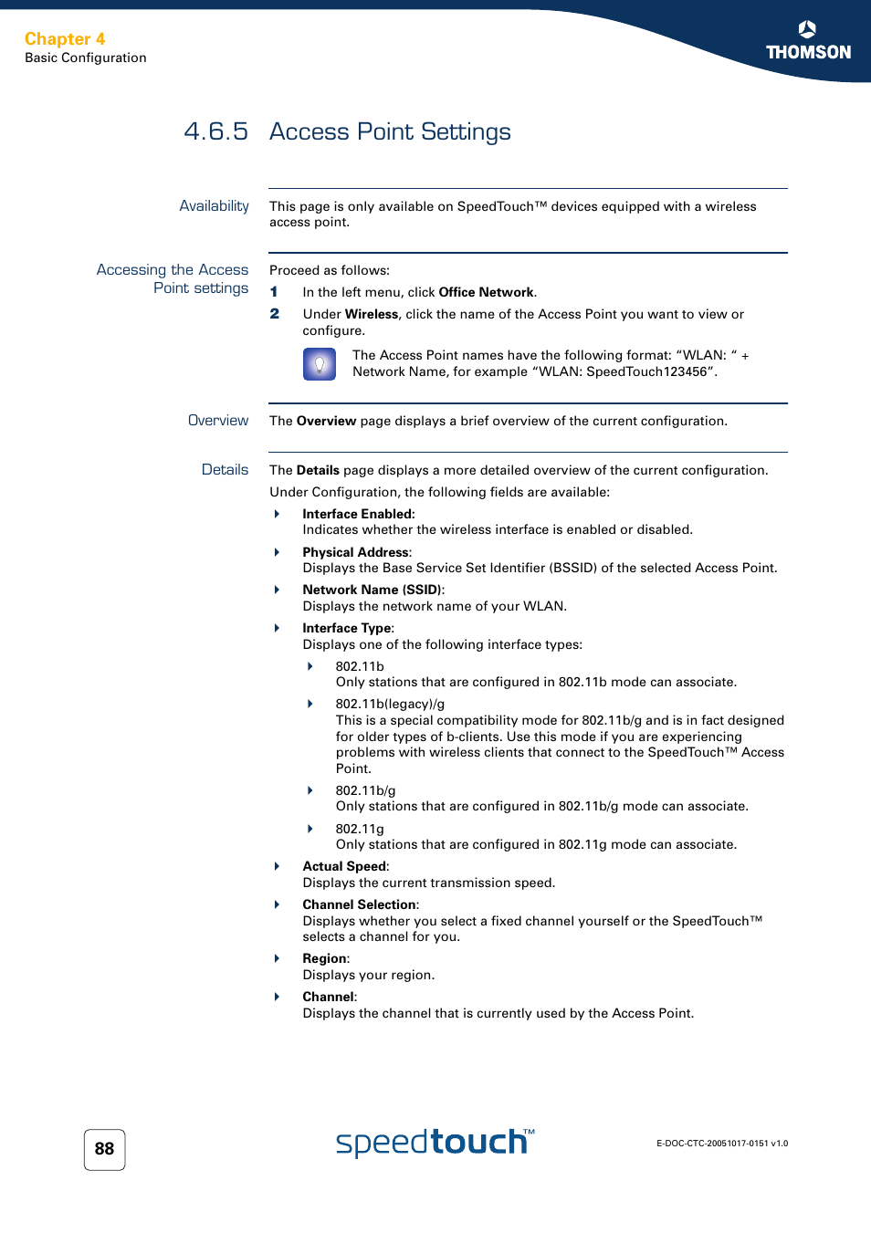 5 access point settings, Availability, Accessing the access point settings | Overview, Details, Access point settings, Chapter 4 | RCA 605 User Manual | Page 98 / 208