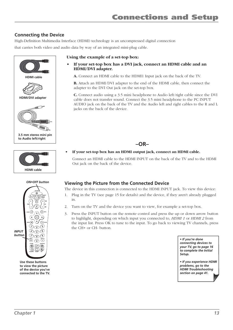 Connections and setup, Chapter 1 13, Connecting the device | Viewing the picture from the connected device | RCA L32WD23 User Manual | Page 13 / 48