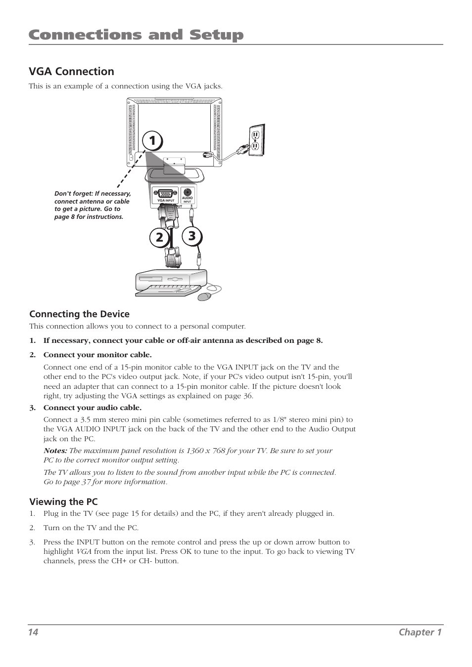 Connections and setup, Vga connection | RCA L32WD23 User Manual | Page 14 / 48