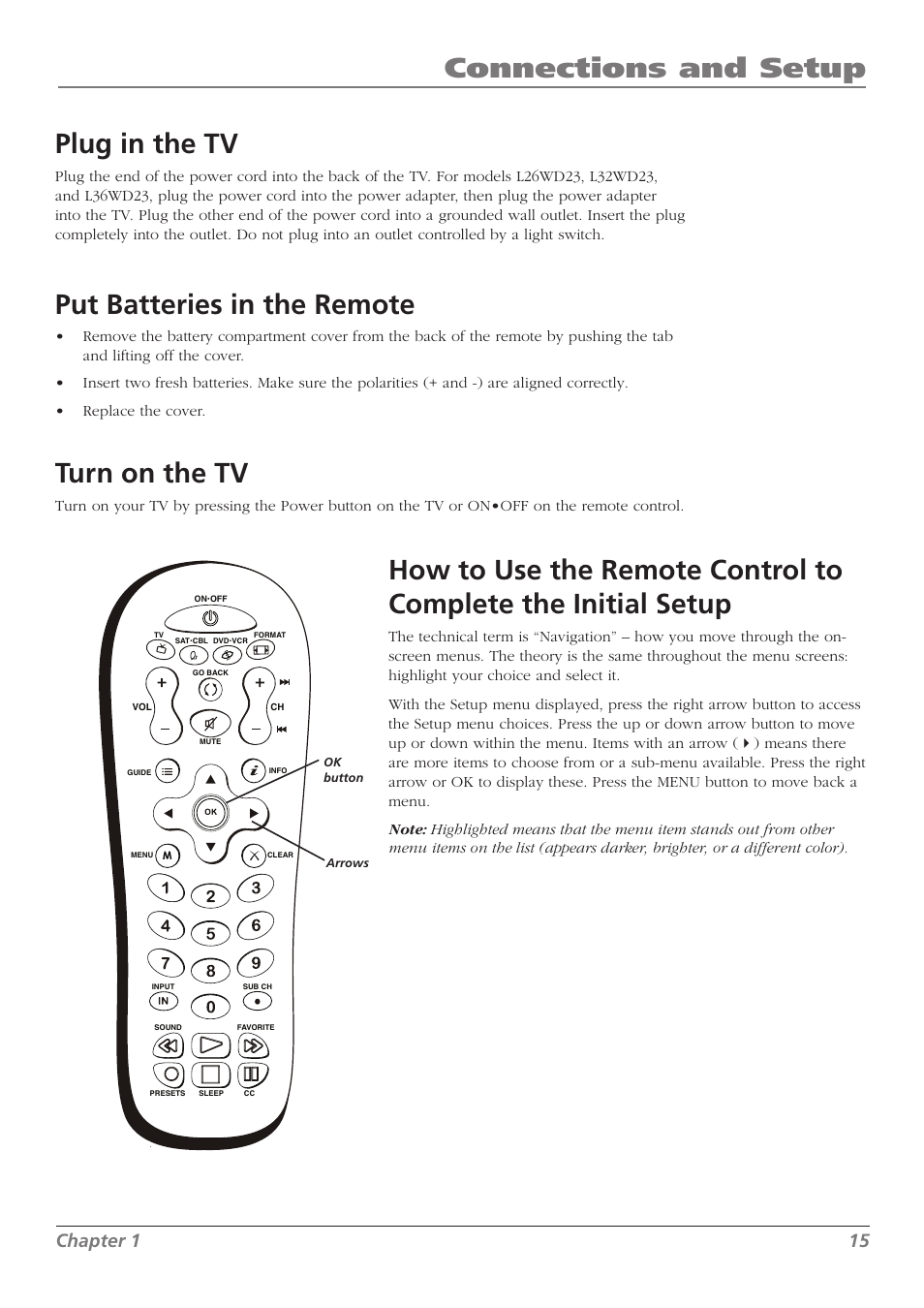 Connections and setup, Plug in the tv, Put batteries in the remote | Turn on the tv, Chapter 1 15 | RCA L32WD23 User Manual | Page 15 / 48