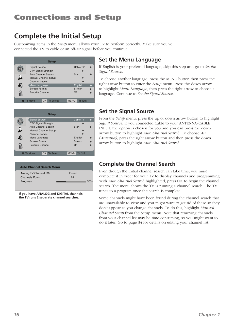 Connections and setup, Complete the initial setup, Set the menu language | Set the signal source, Complete the channel search, 16 chapter 1 | RCA L32WD23 User Manual | Page 16 / 48