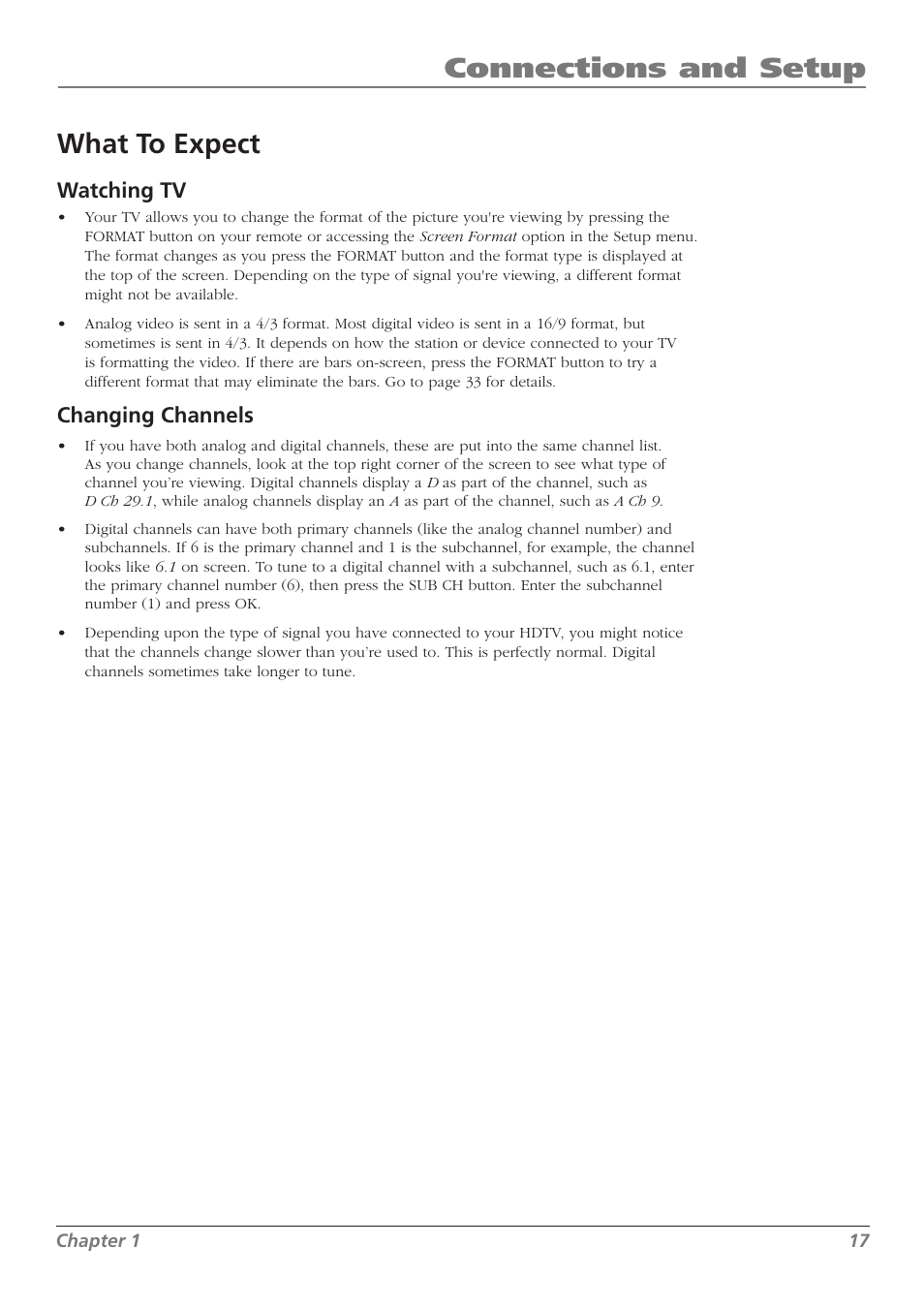 Connections and setup, What to expect, Watching tv | Changing channels | RCA L32WD23 User Manual | Page 17 / 48