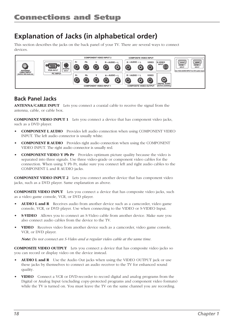 Connections and setup, Explanation of jacks (in alphabetical order), Back panel jacks | 18 chapter 1 | RCA L32WD23 User Manual | Page 18 / 48