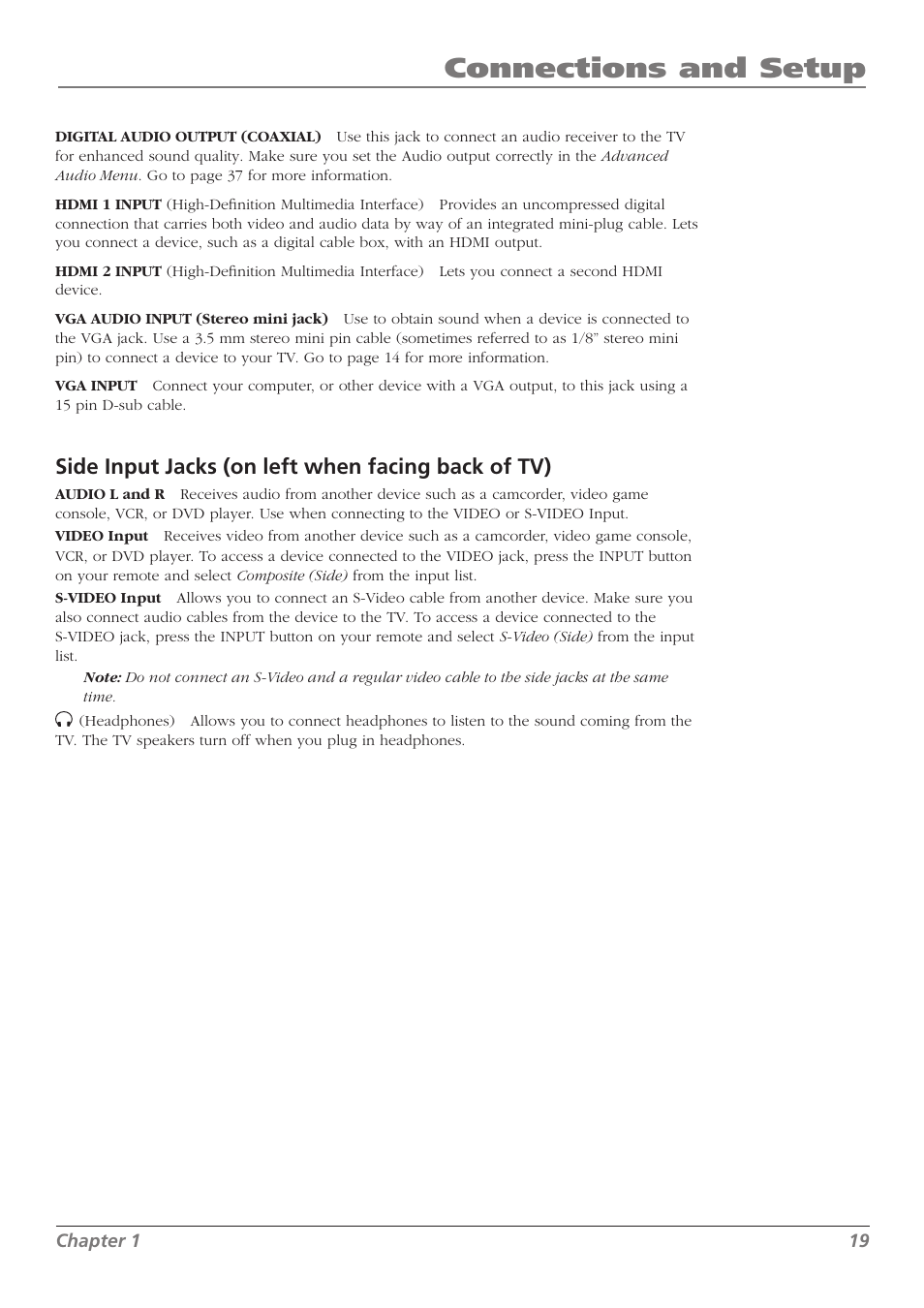 Connections and setup, Side input jacks (on left when facing back of tv) | RCA L32WD23 User Manual | Page 19 / 48