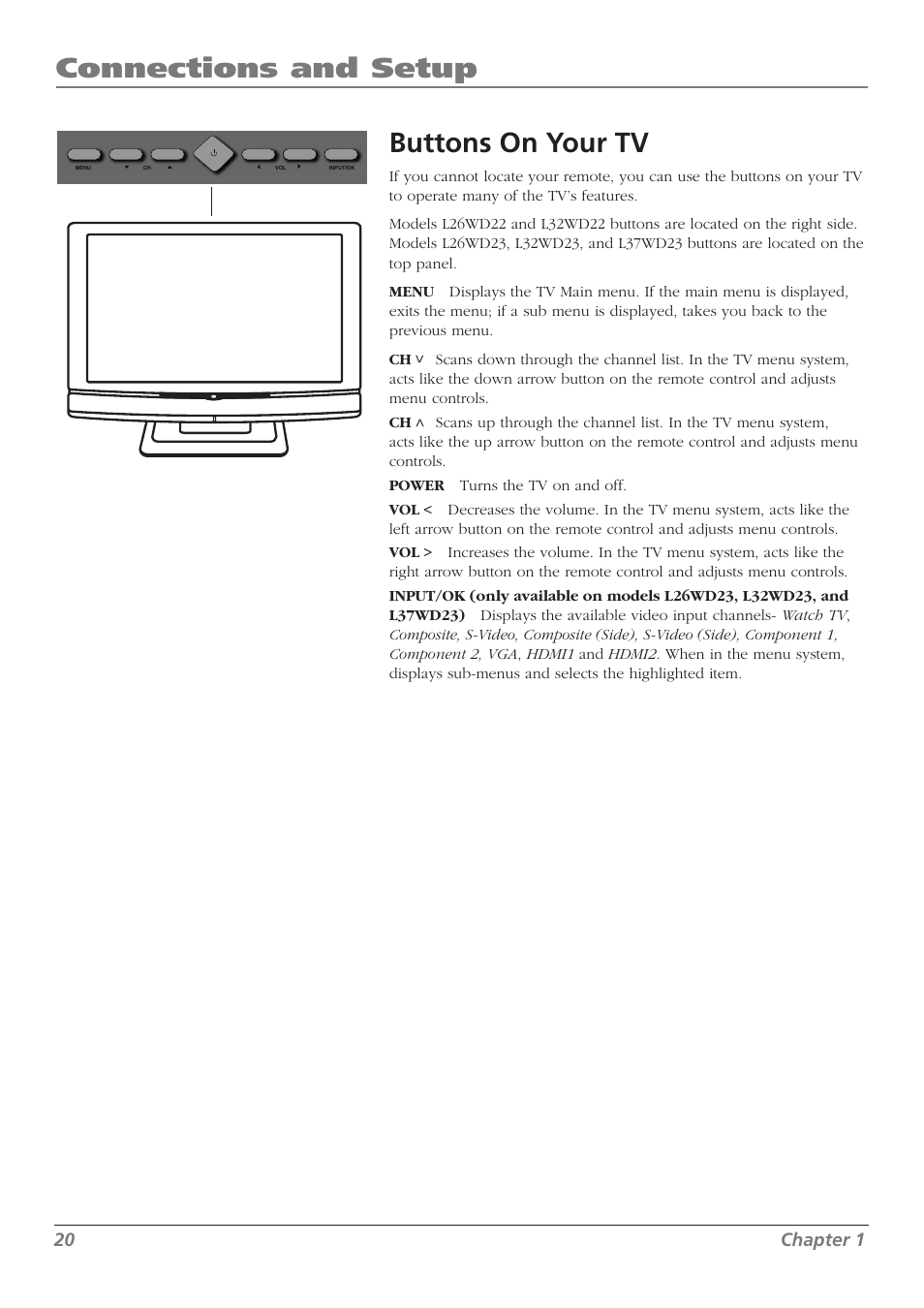 Connections and setup, Buttons on your tv, 20 chapter 1 | RCA L32WD23 User Manual | Page 20 / 48