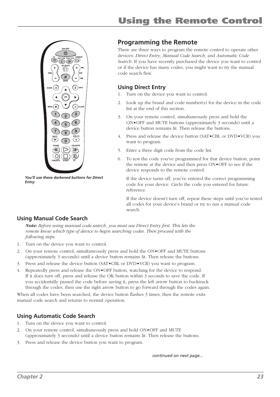 Using the remote control, Programming the remote, Chapter 2 23 | Using direct entry, Using manual code search, Using automatic code search | RCA L32WD23 User Manual | Page 23 / 48