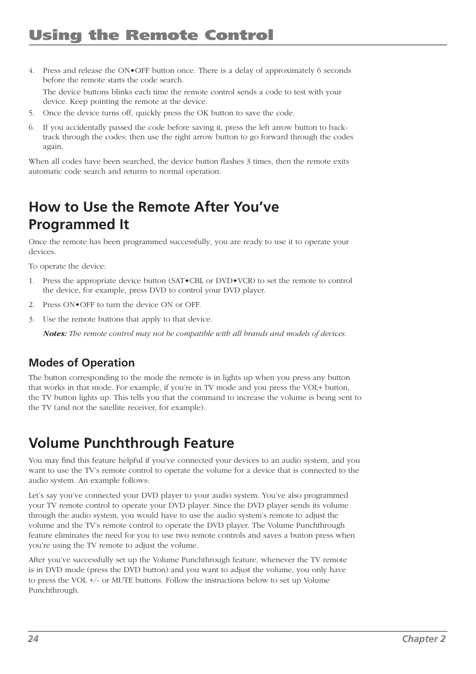 Using the remote control, How to use the remote after you’ve programmed it, Volume punchthrough feature | Modes of operation | RCA L32WD23 User Manual | Page 24 / 48