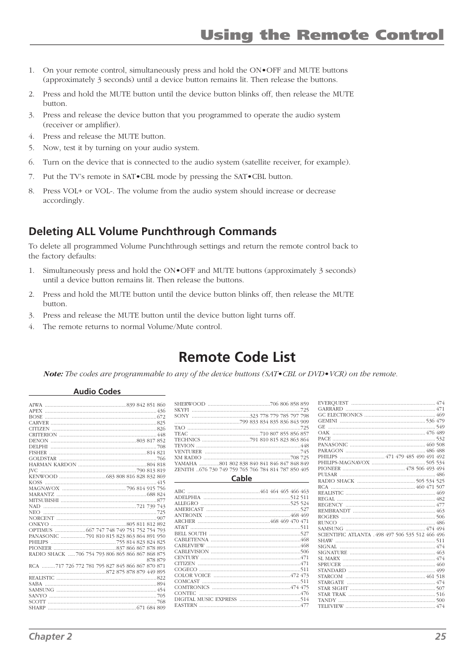 Using the remote control, Remote code list, Deleting all volume punchthrough commands | RCA L32WD23 User Manual | Page 25 / 48