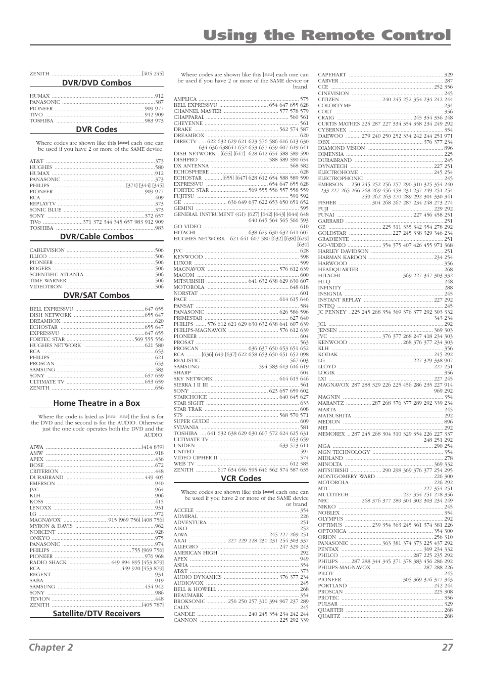 Using the remote control, Chapter 2 27, Dvr/dvd combos | Dvr codes, Dvr/cable combos, Dvr/sat combos, Home theatre in a box, Satellite/dtv receivers, Vcr codes | RCA L32WD23 User Manual | Page 27 / 48