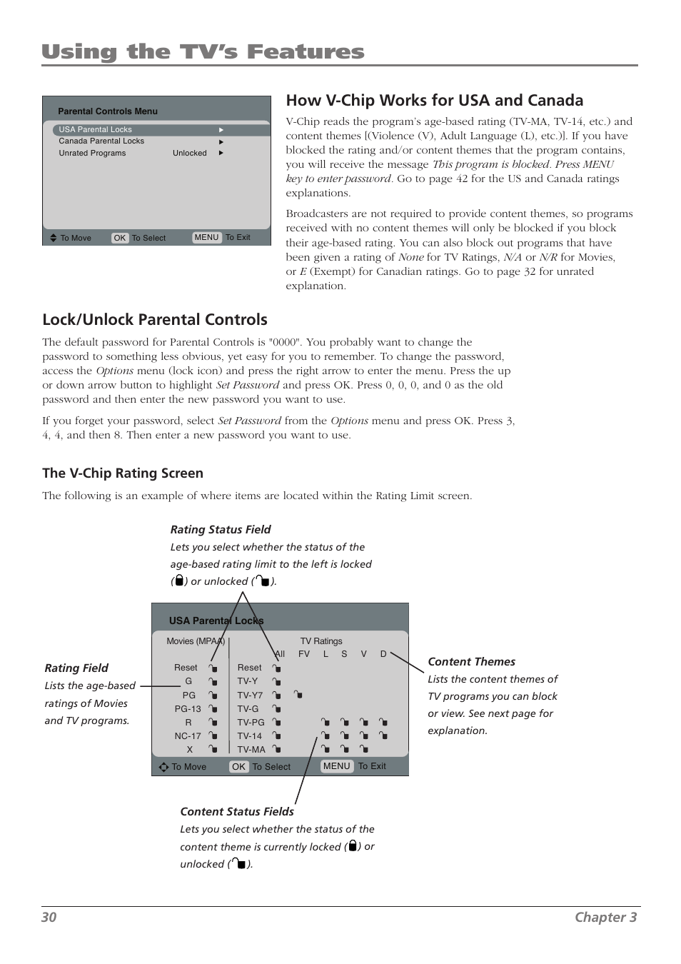 Using the tv’s features, How v- chip works for usa and canada, Lock/unlock parental controls | 30 chapter 3, The v-chip rating screen | RCA L32WD23 User Manual | Page 30 / 48