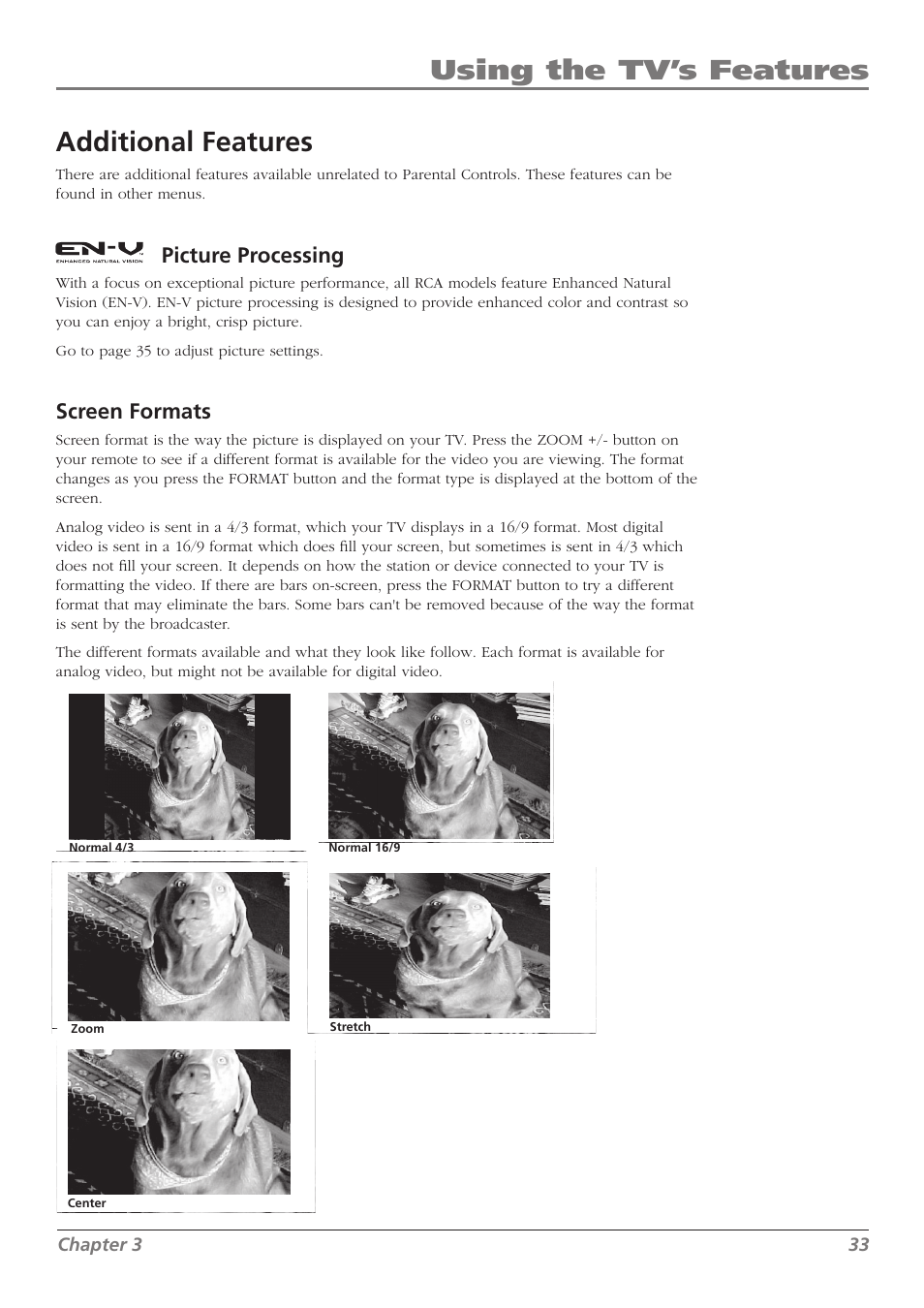 Using the tv’s features additional features, Picture processing, Screen formats | RCA L32WD23 User Manual | Page 33 / 48