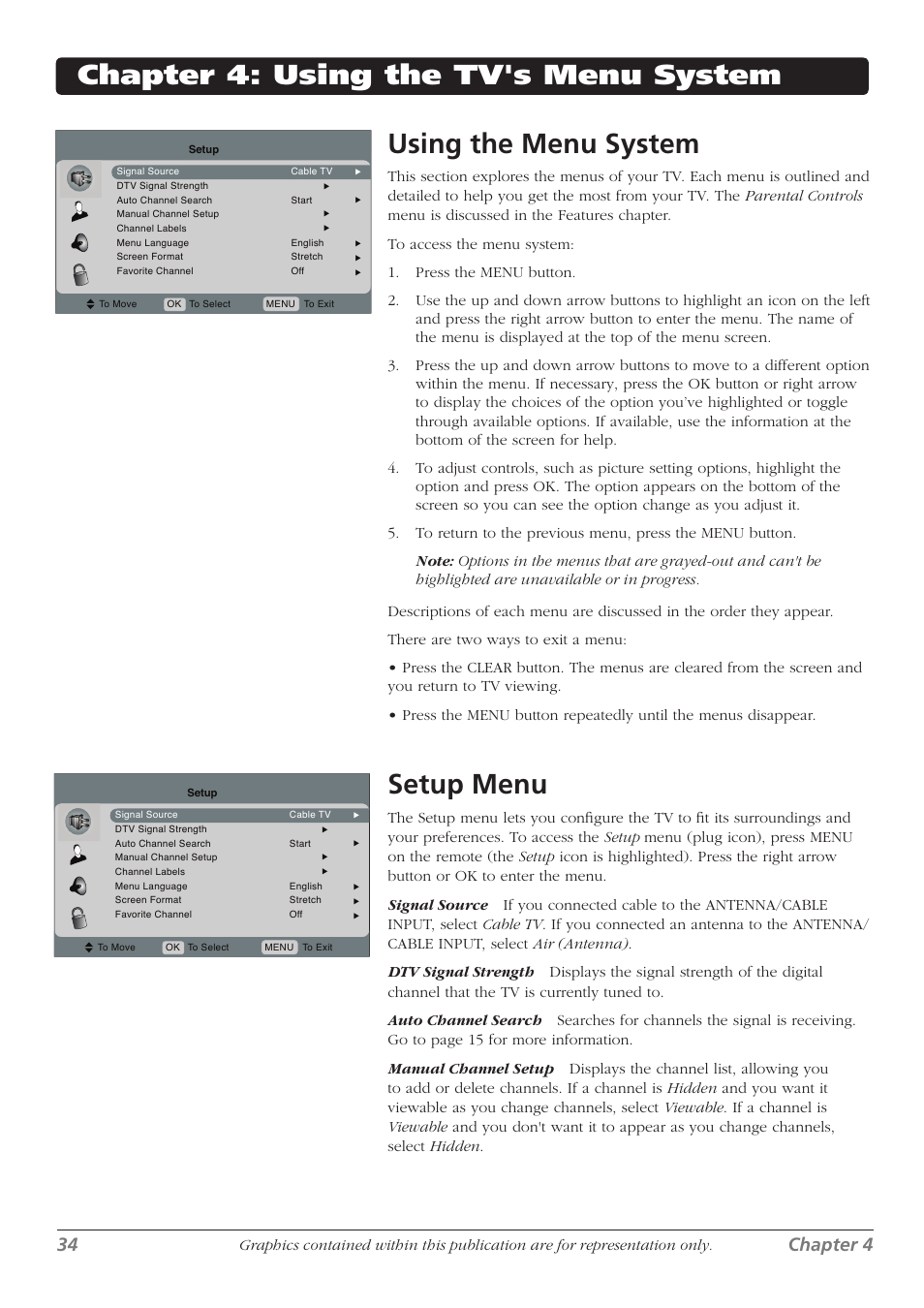 Setup menu, 34 chapter 4 | RCA L32WD23 User Manual | Page 34 / 48