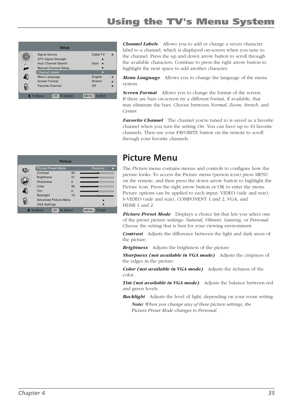 Using the tv's menu system, Picture menu, Chapter 4 35 | RCA L32WD23 User Manual | Page 35 / 48