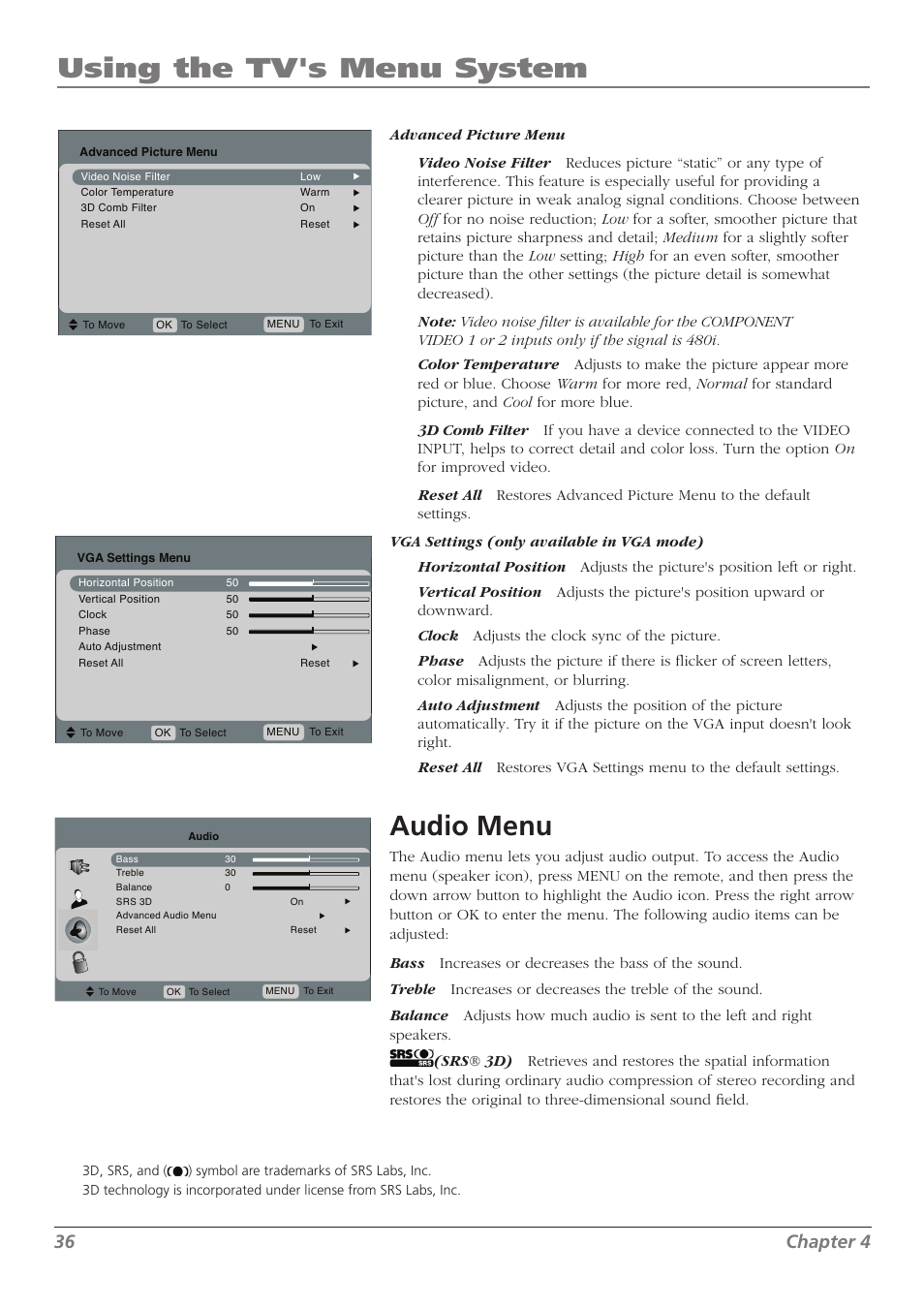 Using the tv's menu system, Audio menu, 36 chapter 4 | RCA L32WD23 User Manual | Page 36 / 48