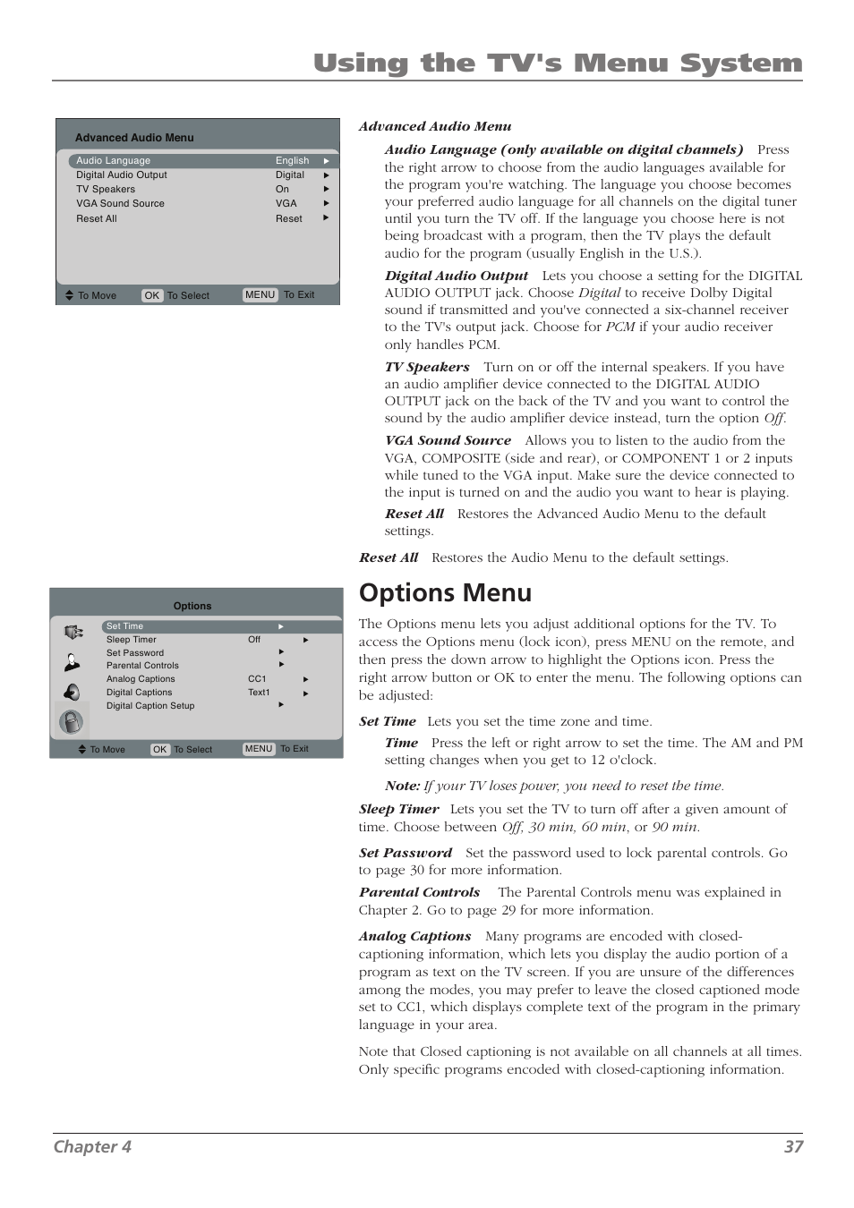 Using the tv's menu system, Options menu, Chapter 4 37 | RCA L32WD23 User Manual | Page 37 / 48