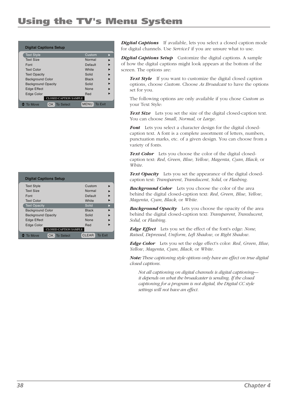 Using the tv's menu system, 38 chapter 4 | RCA L32WD23 User Manual | Page 38 / 48